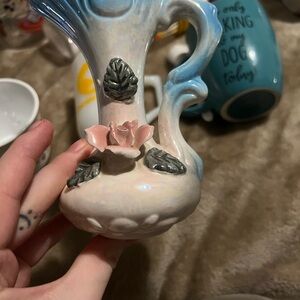 Vintage Ceramic Vase with Pink Flower and Blue Accents